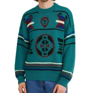 Vintage 90s Oakton Aztec All Over Print Grandpa Aesthetic Teal Knit Sweater